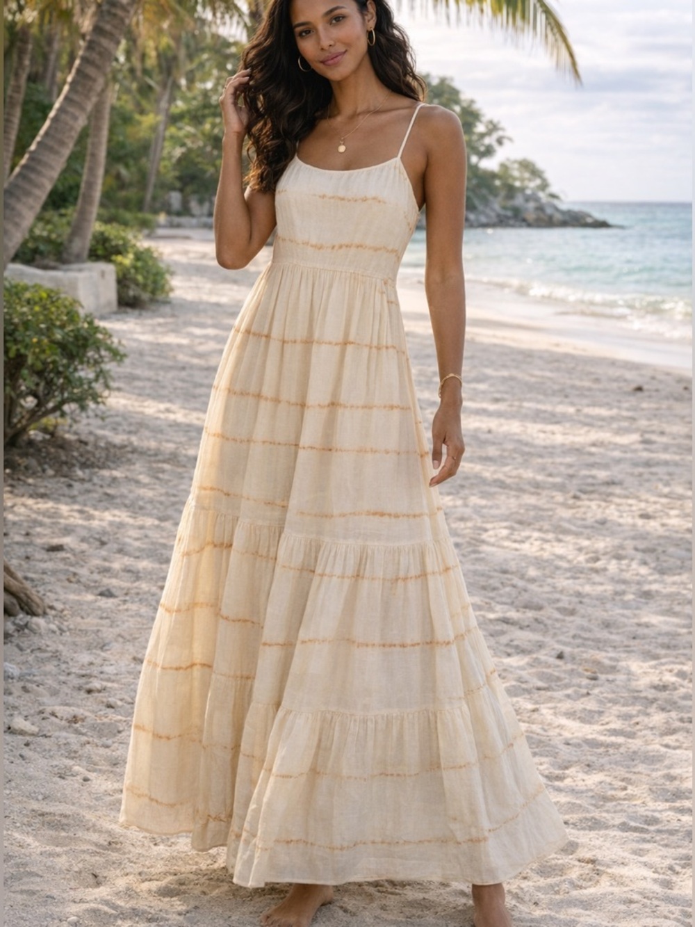 GAP Cream Tiered Maxi Dress‎ Size 8 Smocked Back Flowy Boho Adjustable Straps